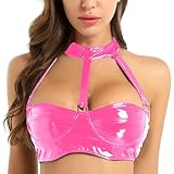FEOYA Women's Pink PVC Faux Leather Clubwear Tank Tops Shiny Metallic Crop Halter Top Strappy Bustier Tube Top Cute Bra Cropped Tops Pink S