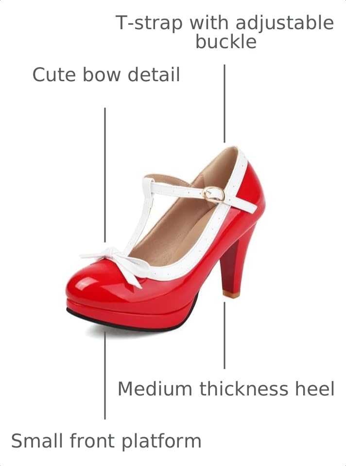Image of ForeMode Fashion Women T-Strap High Heels Bow Platform Round Toe Pumps Leather Summer Sweet Shoes