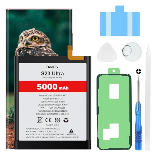 Beefix Batería para Samsung Galaxy S23 Ultra (SM S918B), 5000 mAh de alta capacidad, batería de repuesto para Galaxy S23 Ultra (EB BS918ABY) con herramientas de reparación profesionales