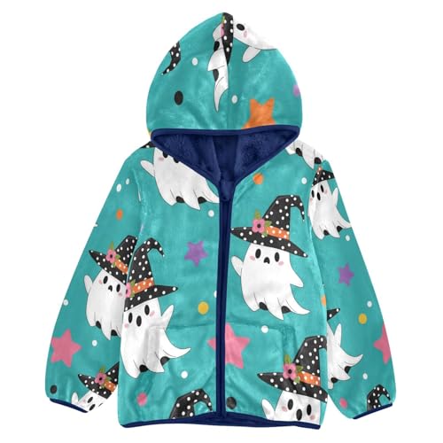 Halloween Ghosts with Witch Hats Toddler Fleece Jacket Girl Boys Hooded Fleece Jacket Coat Warm Outwear Zip-up 3-10T