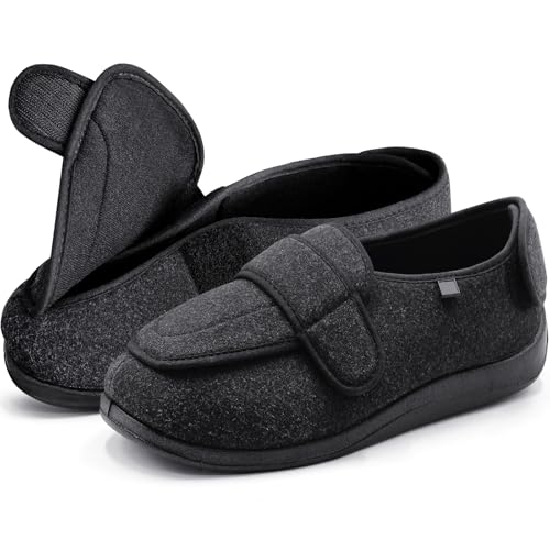 Lumil Diabetic Slippers for Men Women Wide Width Wool Blended Adjustable Slip-Resistant Diabetic Shoes for Swollen Feet Men Edema Slippers Lymphedema Shoes Black,9 Wide,Black for Women