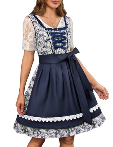 Zeagoo Dirndl Damen Midi Trachtenkleid Elegant Oktoberfest Kleider Trachtenmode Kleid 2Tlg. Deutschland Festlich Bierfest mit Schürze Blümchen Blau s