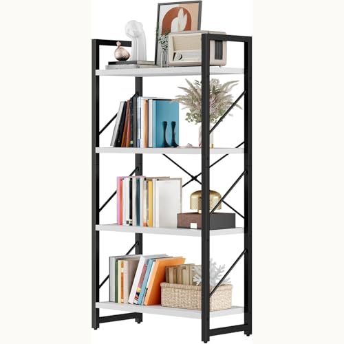 DWVO 4 Tier Modern Bookcase, Narrow Book Shelf Organizer for CD/Movie, Bedroom Office Living Room, White & Black