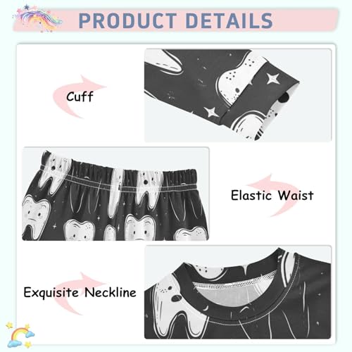 Pajama Sets Long Sleeve Tooth Characters on Black Soft Comfy Sleepwear 2 Piece PJS 3-8T4