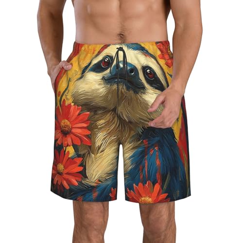 Men Swim Trunks Beach Shorts Swimwear Summer Bathing Suits - Tribal Sloth Retro