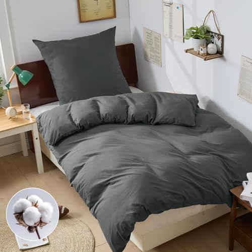 BEDELITE Bettwäsche 135x200 Baumwolle 2teilig - Bettwäsche-Sets Grau mit Reißverschluss, Bettbezug 135x200cm Anthrazit mit Kissenbezug 80x80 cm,...