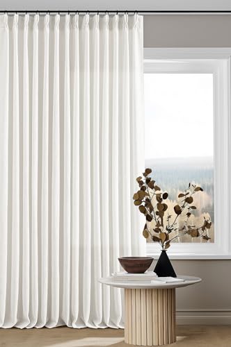 Beige White Pinch Pleated Linen Curtains 2 Panels 105 Inches