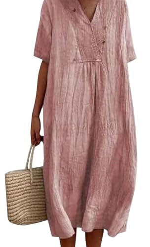 Image of LOVESHOOT Summer Dresses for Women 2025 Casual 3 /4 Short Sleeve Knee Length Midi Dress Smock Boho Dress with Pockets