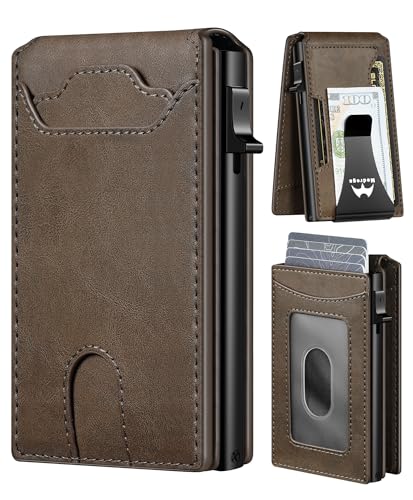 Card Wallet for Men Slim Minimalist: Smart Pop Up Wallets with Money Clip - RFID Front Pocket Credit Card Holder - Gift for Men Husband, Leather Brown S5, Smart Wallet, Minimalist