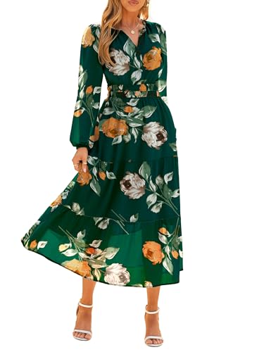 Simplee Maxikleid für Damen, Blumenmuster, Boho, Lange Ärmel, V-Ausschnitt, Empire-Taille, Swing, fließend, Hochzeitsgästekleid, Grünes...