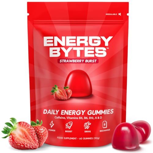 Energy Bytes Daily Energy Gummies Fast Acting Energy Chews with Caffeine & Vitamins B3 B6 B12 A & D Stay Focused and Energised Through Your Day 60 Bytes