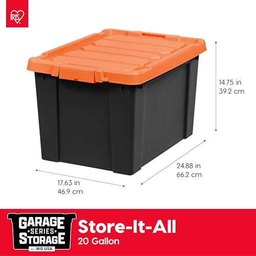 Image of IRIS USA 20 Gallon Lockable Storage Bins with Lids, 4 Pack - Made in USA, Heavy Duty, Stackable Containers, Garage Organizing Bins Moving Tubs, Rugged Sturdy Equipment Utility Box - Black /Orange