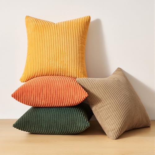 Image of Topfinel 16x16 Inch Set of 4 Green Rust Throw Pillow Covers Boho Farmhouse Cushion Covers Soft Corduroy Fall Home Decor for Couch Bed Sofa Living Room