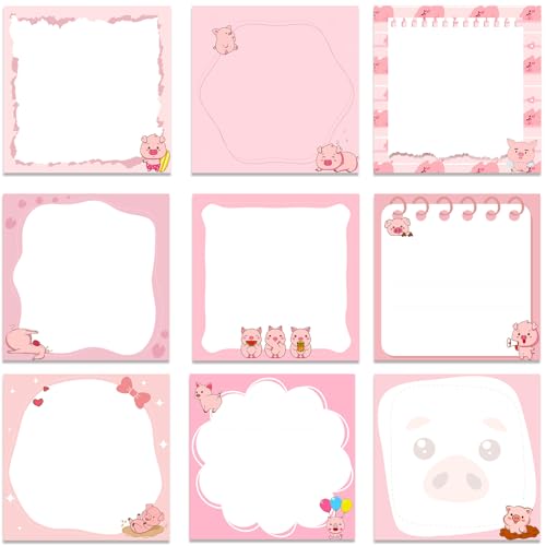 INCOK Pig Gifts Sticky Notes - 9 PCS Pink Piggy Self Stick Notes, Pig Gifts for Women Cute Notepads Office School Supplies for Students Teachers Piggy Lover 3x3 Inches