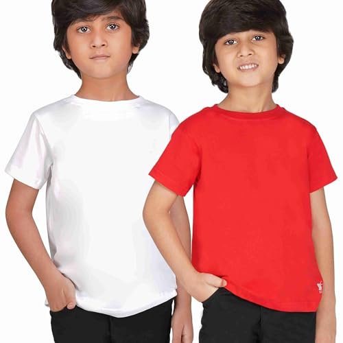Image of Kids Round Neck T-Shirt Half Sleeves 100% Cotton Rich Soft Comfortable Fit Stylish Plain Color White+1 Combo Original Brand Tshirt for Boys