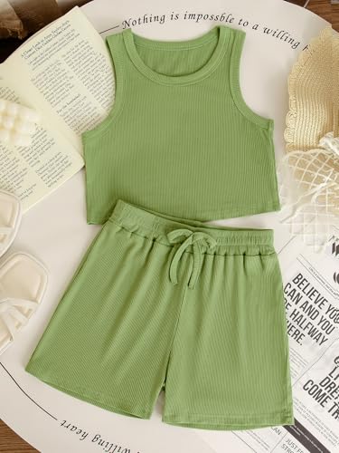 Image of NEW 6-14Y Tween Girls Stretchy Rib Knit Outfit Rayon Tank & Shorts Set Casual Lounge Playwear