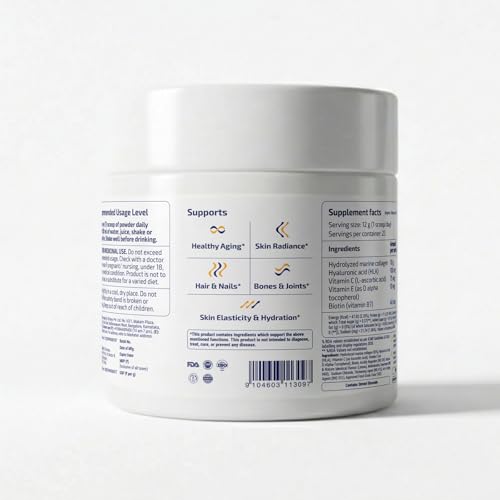 Image of Marine Collagen Powder 12000 mg, Lemon Flavored 300g Supplement for Women & Men | Hydrolyzed, Peptides, Biotin, Vit C&E, Hyaluronic Acid | Skin, Hair, Nails, Joints & Bones Health