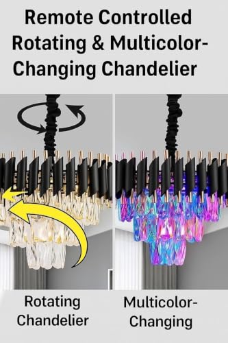 Image of Modern Ceiling Lamp 3-Tier Round Crystal Chandelier for Living Room | Bluetooth Remote Control and Moving Round| Speaker+ Multi Color LED Light (Remote Black Gold, 400MM)