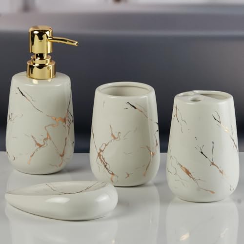Image of Kookee Ceramic Beige & Gold Marble Bathroom Accessories Set of 4 (8842)
