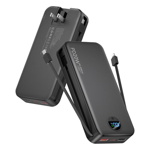 citicr Portable Charger Power Bank, 20000mAh PD20W USB C Fast Charging with Built-in Cables & Wall Plug, External Battery Bank with LED Display, Travel Essential for iPhone, iPad, Samsung Bl