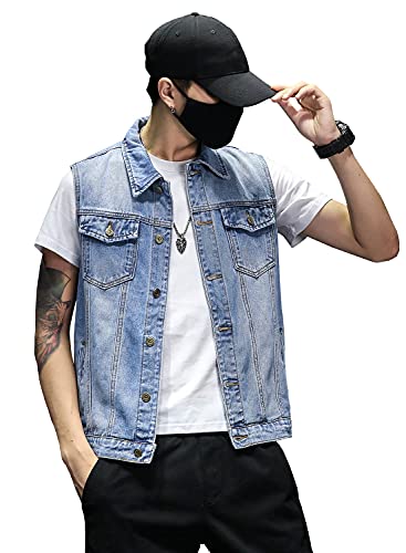 David.ann Mens Denim Vest Jacket Sleeveless Trucker Jean Jacket,Light Blue,Large #TOP2