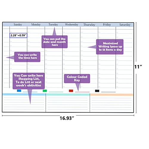 Dry-erase weekly planning board with daily columns, time slots, checklist space, and color-coded markers.