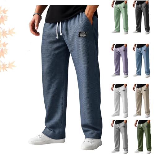 Mens Waffle Pants, Men's Casual Waffle Logo Embroidered Elastic Waist Drawstring Loose and Comfortable Trousers (Navy Blue,X-Large)