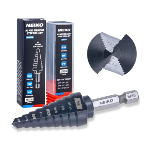 Image of NEIKO 10607B Step Drill Bit, 9 Steps 1 /4 inch to 3 /4 inch Straight M35 Cobalt, AlTiSiN Coated, 1 /4 inch Quick Change Step Bits for Steel, Metal, Wood, Plastic, Unibit Cone Drill Bits, Two Flute