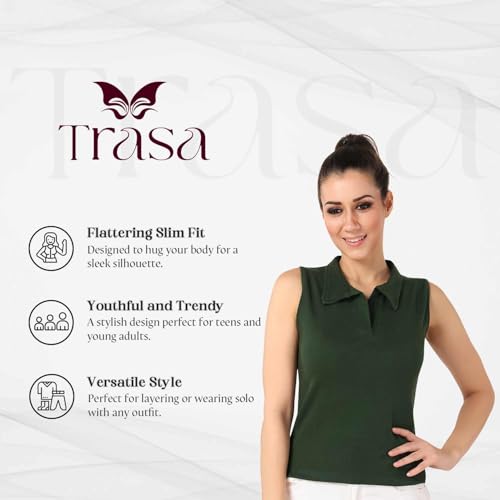 Image of TRASA Women's Sleeveless Rib Knitted Cotton Racer Back Tank Tops Collared Neck Crop Tank Tops - Available Sizes -XS, S, M,L,XL,2XL