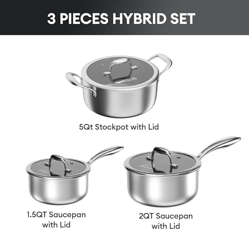 COOKER KING Hybrid Nonstick 6 Pcs Pot Set, 1.5 & 2QT Saucepan and 5-Quart Pots with Glass Lids, Induction Stainless Steel Cookware, Stay-Cool Handles, Dishwasher Safe, Compatible with All Cooktops - Image 3