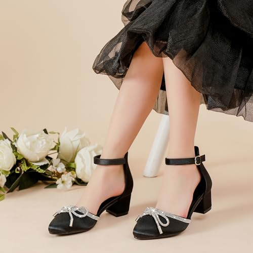 Girls Sandals Closed Toe High Heels Pointed Toe Ankle Strap Pumps Flower Girl Dressy Shoes in Wedding Party Cute Bowknot Chunky Block Heeled for Little Big Kids2