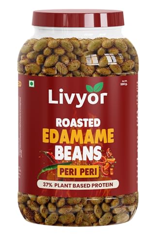 Image of Livyor Crunch Roasted Edamame Beans 1kg | Peri Peri Flavour | Roasted not fried | Plant based healthy snack | High Protein Snack | Gluten Free | Vegan | High In fibre | 500g*2