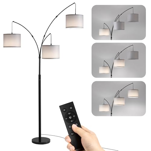 Image of Floor lamp with Remote, 3 Light Arc Floor Lamps for Living Room, 2400LM Tall Standing Floor Lamps with Gray Shades, 80 inch Large Floor Lamp for Bedroom, Office
