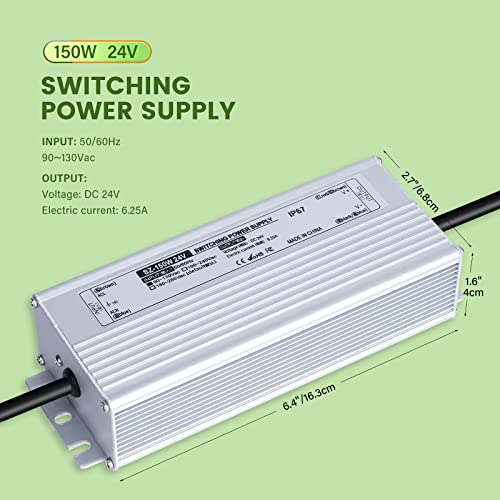 Image of LED Driver 24V 150W LED Power Supply 90-265V AC to 24V DC Low Voltage Output Waterproof IP67 LED Power Supply Transformer Adapter with 3-Prong Plug for LED Light Computer Project Outdoor Light