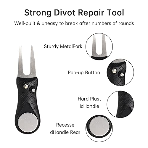 smtfcty Golf-pitchvork, 2 stuks, opvouwbare roestvrijstalen divot-vorken met afneembare balmarkers, golfbaantoestellen, putting green reparatieset (zwart blauw) - Afbeelding 4