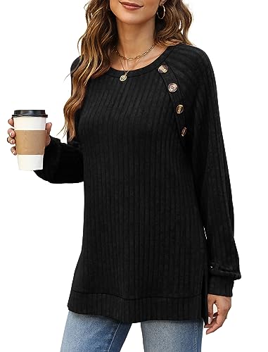 Image of Bofell Long Sleeve Shirts for Women Lightweight Button Decor Tunic Tops Side Split