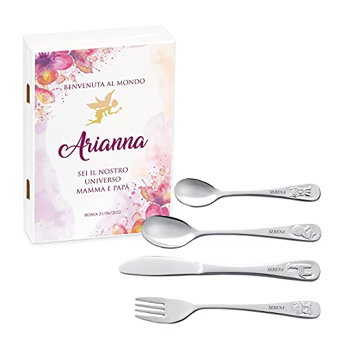Maverton Set di 4 posate per bambini con incisione + scatola in legno...