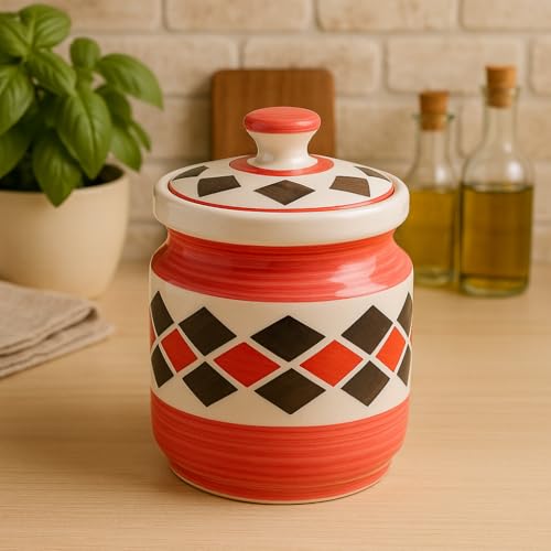 Image of Ceramic Jars (1000 ML) - Handcrafted Multipurpose Barni with Lid for Pickle, Chutney, Spices, Salt, Sugar - Kitchen Storage Containers, Red Brick