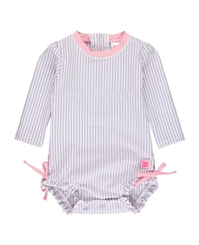 Image of RuffleButts Baby/Toddler Girls Seersucker Long Sleeve One Piece Rash Guard Swimsuit with UPF 50+ Sun Protection