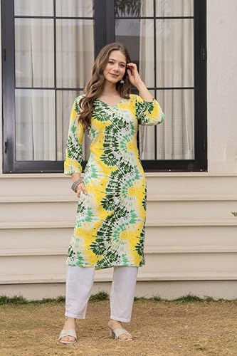 Image of Women's Tie-Dye Printed Kurti, V-Neck, 3 /4 Sleeves, Multicolour, Casual Wear