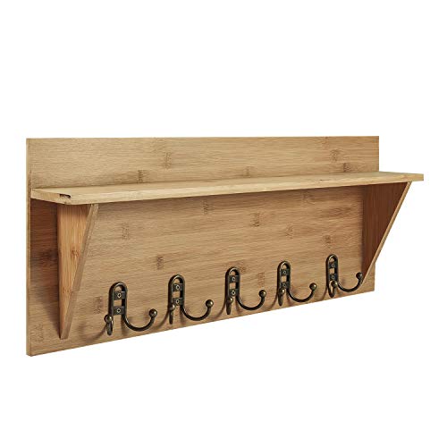 Flexzion Coat Rack Shelf w/ 5 Metal Hooks - 24" Wall Mounted Wooden