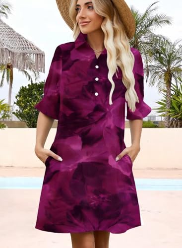 Image of Womens Summer Shirt Mini Dresses 2026 Beach | Flowy Shift Dress, Button V Neck, Polo Collar, Ruffle Short Sleeve, Floral Boho Style, Casual Vacation Outfits with Pockets