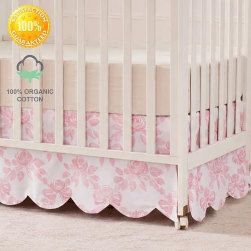 Image of Brandream Scallop Edge Organic Cotton Crib Skirt, Baby Girl Crib Skirt Toddler Bedskirt Farmhouse Chic Cottagecore Nursery Bed Skirt Fit Standard Cribs and Toddler Beds, 52 inchL x 28 inchW with 16-inch Drop