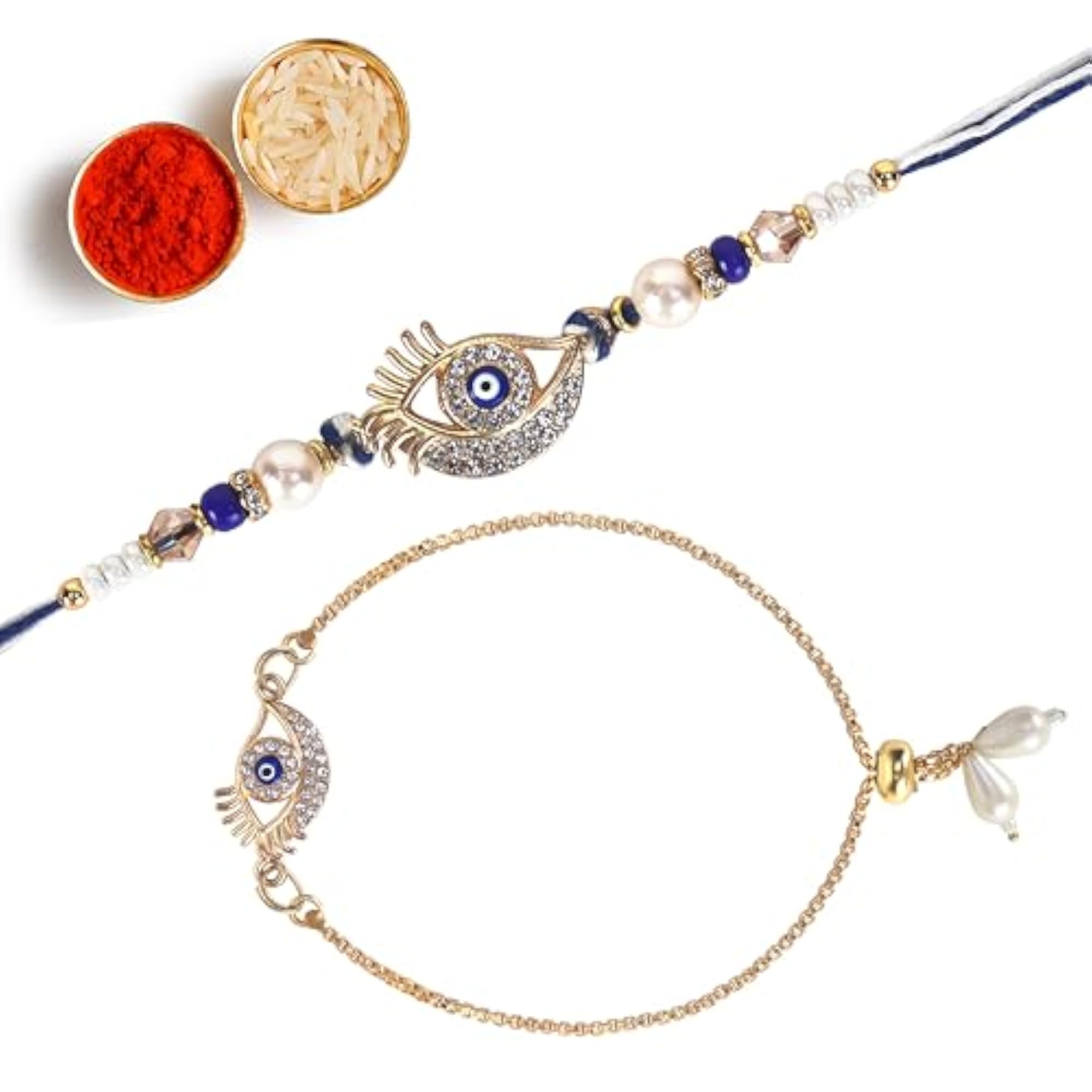 Evil Eye Rakhi Set with Pearl Beads & Crystal Bracelet