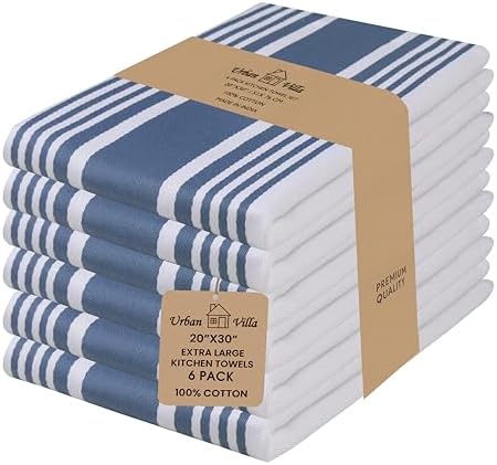Urban Villa Kitchen Towels 100% Cotton Dish Towels for Kitchen (Set of 6) 20”x30” Dish Cloths Highly Absorbent Kitchen Linen Set with Hanging Loop Perfect for Drying Dishes Cleaning Towels-Blue White