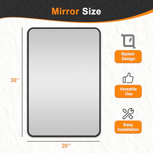 Image of Bathroom Vanity Mirror, Black Framed Mirror for Over Sink, 30x20 | HD glass, distortion-free for makeup and grooming, Sturdy frame, all mounting hardware, hangs horizontal or vertical