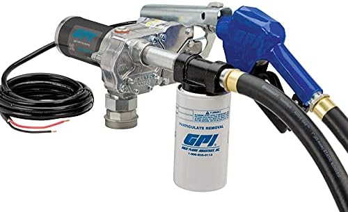 GPI M-150S Fuel Transfer Pump with Filter Kit, 15 GPM, 12-VDC, Automatic Shut-Off Nozzle, 12' Hose, 18' Power Cord (110612-03)