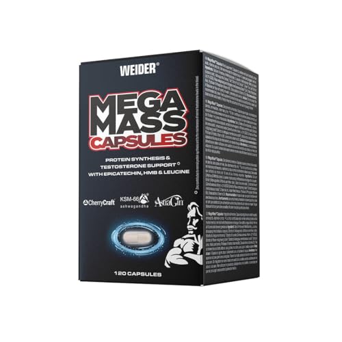 WEIDER Mega Mass Caps Kapseln hochdosiert mit HMB, Leucin, KSM-66 Ashwagandha, Epicatechin, CherryCraft und Zink, 120 Kapseln