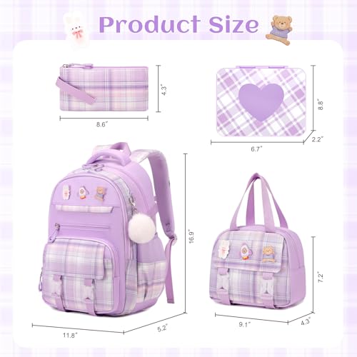 4pcs School Backpack for Girls, Girls Backpack with Lunch Box, Bento Box,Pencil Case, Cute Kawaii Plaid Book Bag for Teen Girl Kindergarten Elementary Preschool Middle High School, Purple2