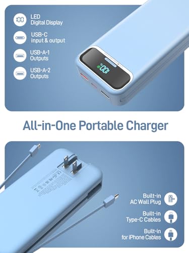 Image of Nusyddy Portable Charger 20000mAh 22.5W w /Built-in Cables & Wall Plug Blue | 22.5W Fast Charging, High Capacity, LED Display, Charge 5 Devices at once, TSA Approved, Compatible with iPhone /iPad /Samsung